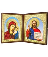 Кожаный складень не вынимающийся лик 15х18 Софрино арочный М-21-4 с молдингом, замочком и вышитым крестиком по средине, 36х19х6 см