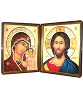 Кожаный складень не вынимающийся лик 15х18 Софрино византия М-21-5 с молдингом, замочком и вышитым крестиком по средине, 36х19х6 см