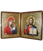 Кожаный складень не вынимающийся лик 15х18 Софрино эмаль М-21-1 с молдингом, замочком и вышитым крестиком по средине, 36х19х6 см