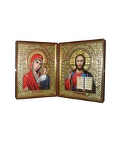 Кожаный складень не вынимающийся лик 10х12 Софрино эмаль М-22-1 с молдингом, замочком и вышитым крестиком по средине, 32х13х6 см
