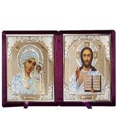 Бархатный складень с молдингом, лик 17х24 Софрино белая одежда Б-1724-ВМ вынимающийся, с замочком и вышитым крестиком, 40х27х6 см