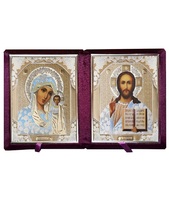 Бархатный складень с молдингом, лик 10х12 Софрино белая одежда Б-1012-ВМ-1-Б вынимающийся, с замочком и вышитым крестиком, 26х15х3 см