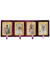 Бархатный складень четверной лик 15х18 Софрино белая одежда Б-214-1-Б с золотым окладом, замочком и вышитым крестиком по средине, 72х21х6 см