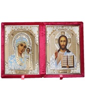 Бархатный складень с молдингом, лик 17х24 Софрино белая одежда Б-1724-ВМ вынимающийся, с замочком и вышитым крестиком, 40х27х6 см красная