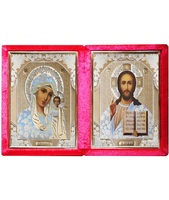 Бархатный складень невынимающийся лик 15х18 Софрино белая одежда Б-1518-ГЛ-1-К с молдингом, замочком, 36х21х6 см  