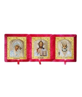 Бархатный складень тройной лик 10х12 Софрино белая одежда Б-223-1-К с золотым окладом, замочком и вышитым крестиком по средине, 39х15х6 см