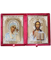Бархатный складень с молдингом, лик 15х18 Софрино белая одежда Б-1518-ВМ-1-К вынимающийся, с замочком и вышитым крестиком, 36х21х6 см