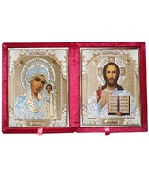 Бархатный складень с молдингом, лик 10х12 Софрино белая одежда Б-1012-ВМ-1-К вынимающийся, с замочком и вышитым крестиком, 26х15х3 см