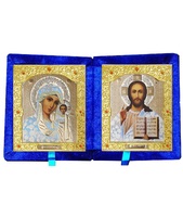 Бархатный складень вынимающийся лик 15х18 Софрино белая одежда Б-21-1-С с золотым окладом, замочком и вышитым крестиком по средине, 36х21х6 см