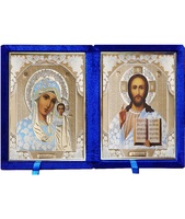Бархатный складень с молдингом, лик 17х24 Софрино белая одежда Б-1724-ВМ вынимающийся, с замочком и вышитым крестиком, 40х27х6 см синяя