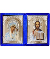 Бархатный складень невынимающийся лик 15х18 Софрино белая одежда Б-1518-ГЛ-1-С с молдингом и замочком,  36х21х6 см  