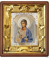 Икона Ангела Хранителя 31-П-1 24х27 см деревянный прямой киот, лик 15х18 поясной Софрино белая одежда, оклад (риза) золото.