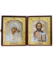 Кожаный складень не вынимающийся лик 15х18 Софрино белая одежда К-21-1  с золотым окладом, замочком и вышитым крестиком по средине, 36х19х6 см     