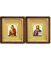 Венчальная пара Икона Спасителя и Почаевская Божия Матерь 19-ВП-10 21х24 см деревянный прямой глубокий киот, лик 10х12 Тропарь, оклад (риза) золото