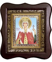 Икона Святая Мученица Людмила Фигурный деревянный светлый киот размером 130х260х40 мм, со стеклом. Внутри багетная рамка с ОБЬЕМНЫМ -3 D лик 15х18см :