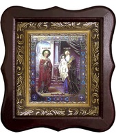 Икона Сретение Господне Фигурный деревянный светлый киот размером 130х260х40 мм, со стеклом. Внутри багетная рамка с ОБЬЕМНЫМ -3 D лик 15х18см