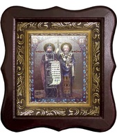 Икона Кирилл и Мефодий Фигурный деревянный светлый киот размером 130х260х40 мм, со стеклом. Внутри багетная рамка с ОБЬЕМНЫМ -3 D лик 15х18см :