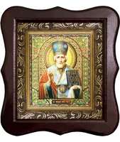 Икона Николай Чудотворец Фигурный деревянный светлый киот размером 130х260х40 мм, со стеклом. Внутри багетная рамка с ОБЬЕМНЫМ -3 D лик 15х18см :