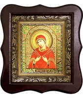 Икона Семистрельная Божья Матерь Фигурный деревянный светлый киот размером 130х260х40 мм, со стеклом. Внутри багетная рамка с ОБЬЕМНЫМ -3 D лик 15х18см :