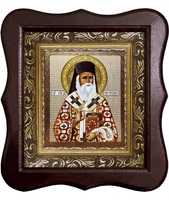 Икона Sf. Nectarie (Нектарий) Фигурный деревянный светлый киот размером 130х260х40 мм, со стеклом. Внутри багетная рамка с ОБЬЕМНЫМ -3 D лик 15х18см :