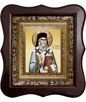 Икона Sf. ierarh. Nectarie (Нектарий) Фигурный деревянный светлый киот размером 130х260х40 мм, со стеклом. Внутри багетная рамка с ОБЬЕМНЫМ -3 D лик 15х18см :