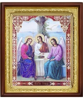 Икона Святая Троица 23-П-76 ( Двунадесятые праздники ) 25х29 см деревянный прямой киот, лик 20х24, оклад (риза) золото