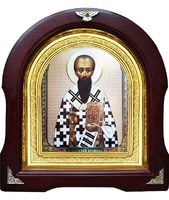Икона Василий Великий 12-А-193 в подарочной упаковке 26х29 см деревянный арочный киот, лик 15х18, оклад (риза) золото