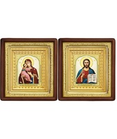 Венчальная пара Икона Спасителя и Владимирская Божия Матерь 19-ВП-12 21х24 см деревянный прямой глубокий киот, лик 10х12 Тропарь, оклад (риза) золото