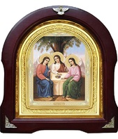 Икона Святой Троицы 12-А-183 в подарочной упаковке 26х29 см деревянный арочный киот,  лик 15х18, оклад (риза) золото