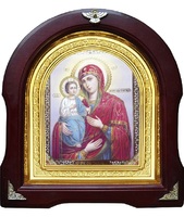 Икона Троеручица 12-А-186 в подарочной упаковке 26х29 см деревянный арочный киот, лик 10х12, оклад (риза) золото