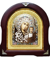 Икона Богородицы Казанской 12-А-188 в подарочной упаковке 26х29 см деревянный арочный киот, лик 15х18 эмаль №2, оклад (риза) золото
