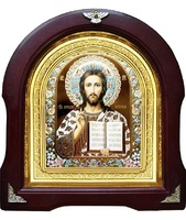 Икона Господь Иисус Христос 12-А-189 в подарочной упаковке 26х29 см деревянный арочный киот, лик 15х18 эмаль №2, оклад (риза) золото