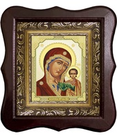 Икона Божьей Матери Казанской 1012-ФБ-14 17х20 см деревянный фигурный киот, лик 10х12 Тропарь, оклад (риза) золото