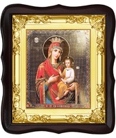 Икона Скоропослушница Божья Матерь 5-ФТ-149 24х27 см, деревянный фигурный тёмный киот, лик 15х18, оклад (риза) золото