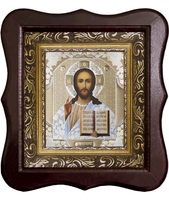 Икона Иисуса Христа 1012-ФБ-15 17х20 см деревянный фигурный киот, лик 10х12 Софрино белая одежда, оклад (риза) золото