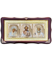 Икона Тройник, лик Софрино белая одежда, лик 30х12, арт. 15-Ф-1 39х21 см деревянный фигурный киот, лик 30х12 Софрино белая одежда, оклад (риза) золото.