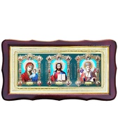 Икона Тройник, лик Пенза 15-Ф-6 39х21 см деревянный фигурный киот, лик 30х12 Пенза, оклад (риза) золото.