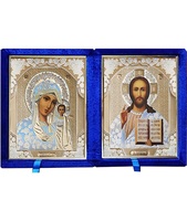 Бархатный складень с молдингом, лик 15х18 Софрино белая одежда Б-1518-ВМ-1-С вынимающийся, с замочком и вышитым крестиком, 36х21х6 см