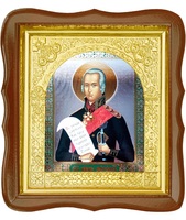 Икона Федор Ушаков 17-ФТ-184 26х29 см деревянный фигурный темный киот, лик 15х18, оклад (риза) золото