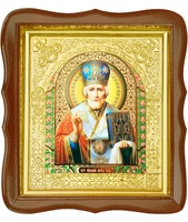 Икона Николай Чудотворец 17-ФС-175 26х29 см деревянный фигурный светлый киот, лик 15х18 Софрино эмаль, оклад (риза) золото