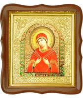 Икона Семистрельная Божья Матерь 17-ФС-176 26х29 см деревянный фигурный светлый киот, лик 15х18 Софрино эмаль, оклад (риза) золото