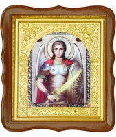 Икона Архангела Михаила 17-ФС-180 26х29 см деревянный фигурный светлый киот, лик 15х18, оклад (риза) золото