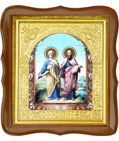 Икона Петр и Павел 17-ФС-181 26х29 см деревянный фигурный светлый киот, лик 15х18, оклад (риза) золото