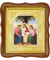 Икона Святой Троицы 17-ФС-183 26х29 см деревянный фигурный светлый киот,  лик 15х18 , оклад (риза) золото