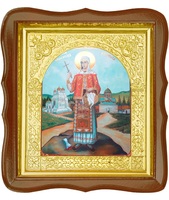 Икона Sfanta Mucenita Filofteia (Филофея) 17-ФС-185 26х29 см деревянный фигурный светлый киот, лик 15х18, оклад (риза) золото