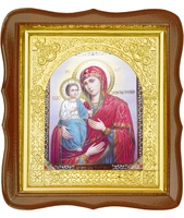 Икона Троеручица 17-ФС-186 26х29 см деревянный фигурный светлый киот, лик 15х18, оклад (риза) золото
