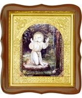 Икона Серафима Саровского на камне 17-ФС-187 26х29 см деревянный фигурный светлый киот, лик 15х18, оклад (риза) золото