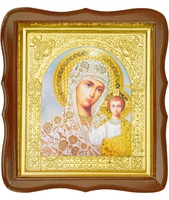 Икона Божьей Матери Казанской 17-ФС-195 26х29 см деревянный фигурный светлый киот, лик 15х18, оклад (риза) золото