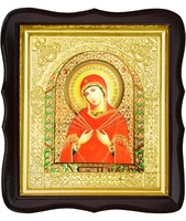 Икона Семистрельная Божья Матерь 17-ФТ-176 26х29 см деревянный фигурный тёмный киот, лик 15х18 Софрино эмаль, оклад (риза) золото