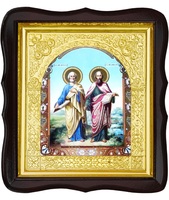 Икона Петр и Павел 17-ФТ-181 26х29 см деревянный фигурный тёмный киот, лик 15х18, оклад (риза) золото